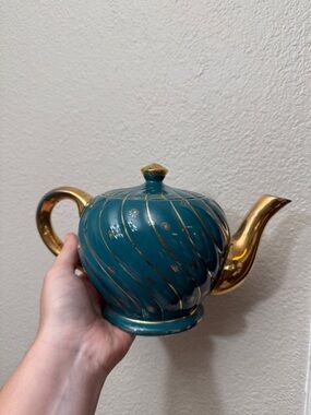 Vintage Teal and Gold Swirl Ceramic Teapot | Mid-Century Decorative Home Art